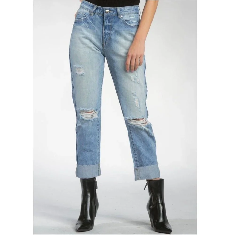 NWT Cropped Rolled Hem Distressed Boyfriend Jeans, Size Medium - Picture 6 of 6